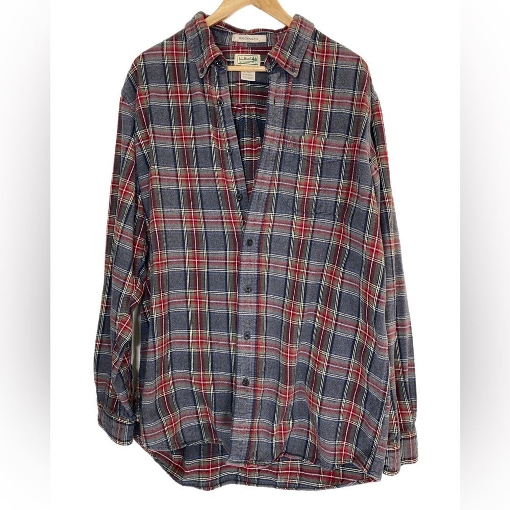 LL Bean red and gray plaid flannel button up shirt jacket shacket
